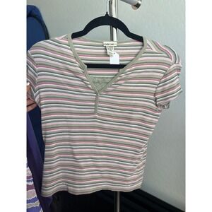 Y2K Vintage Baby Tee Striped Henley Lace Trim Ribbed Top Sage Pink L 10/12